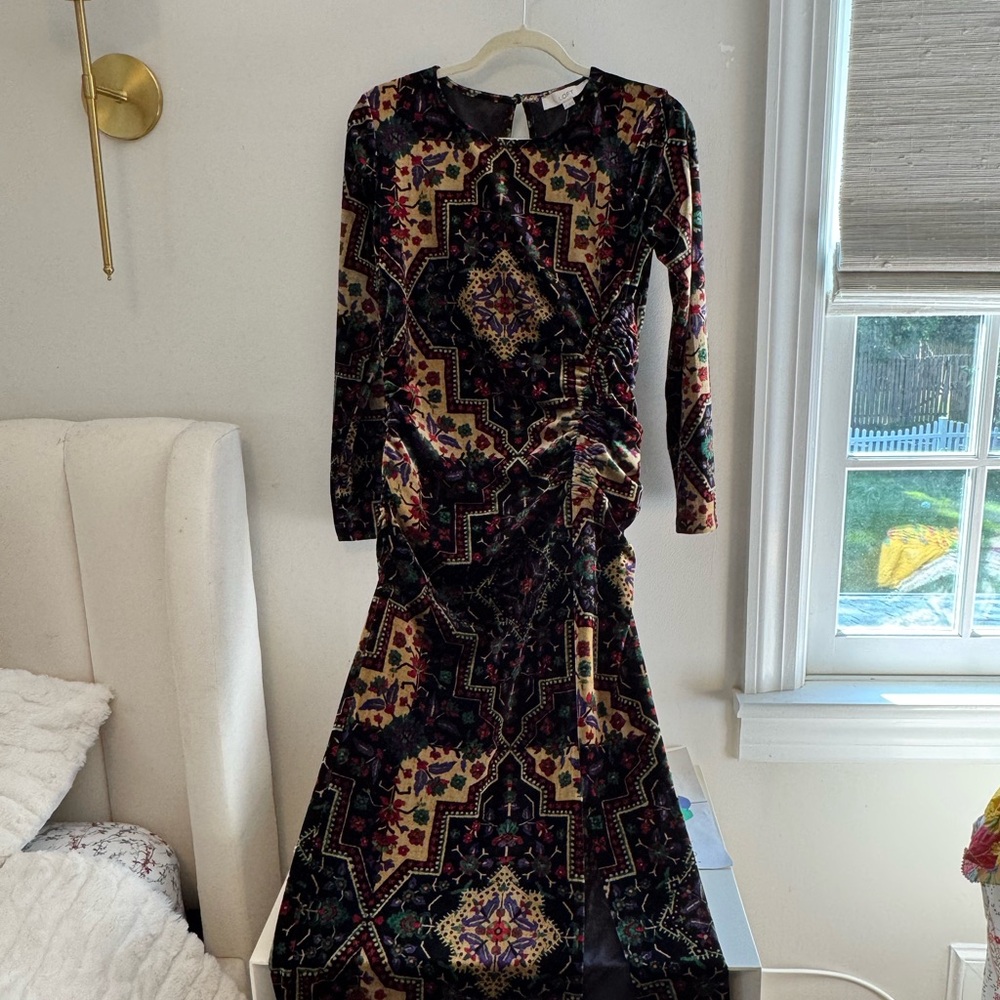 LOFT Vibrant Velvet Long Sleeve Dress with Multicolor Pattern